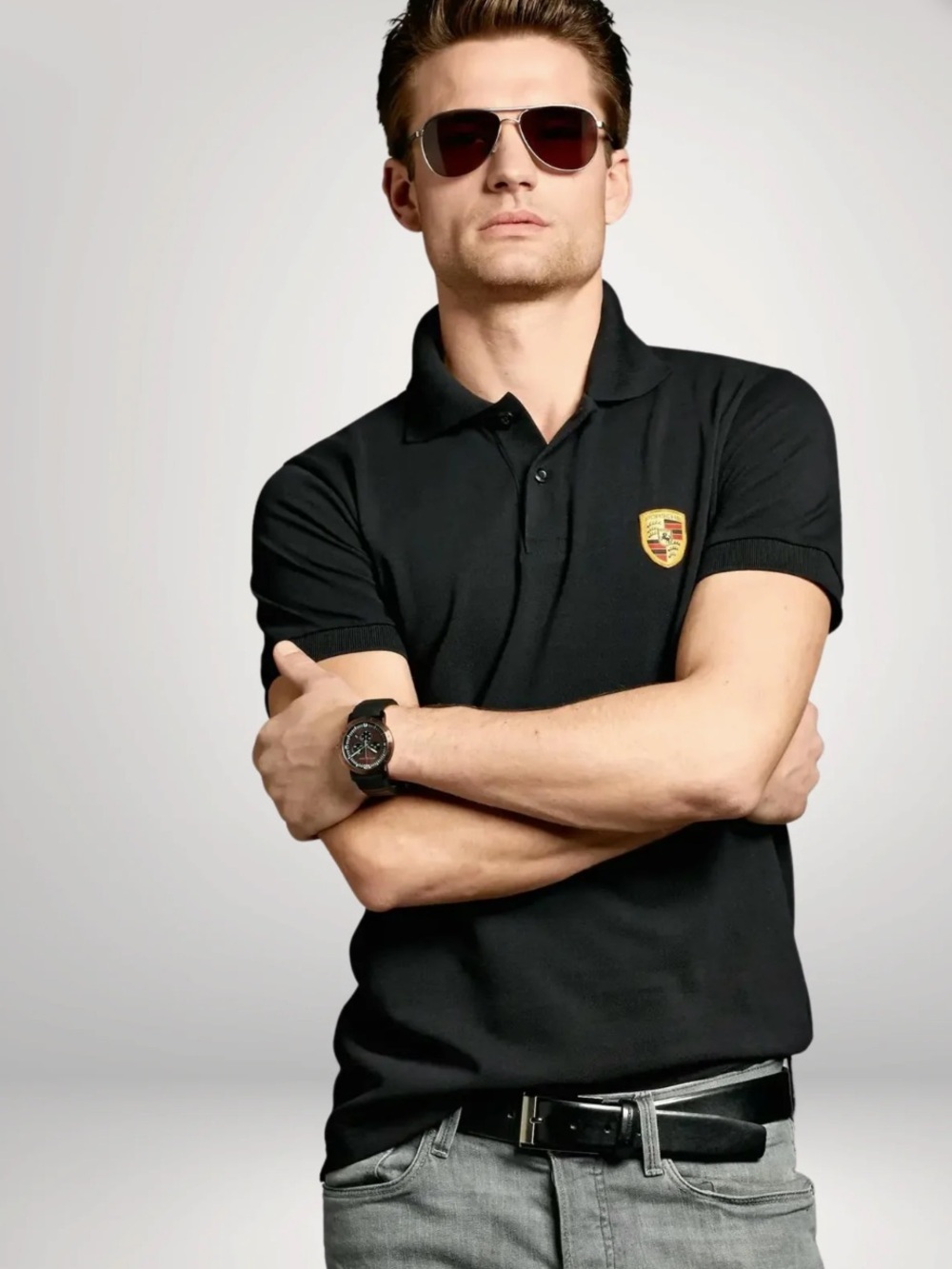 NWT Porsche Design 100% Cotton Men’s Black Polo Shirt With Gold Crest Emblem